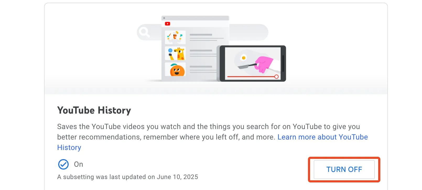 Tùy chọn &quot;Tắt&quot; để vô hiệu hóa hoàn toàn tính năng lưu lịch sử xem trên YouTube.