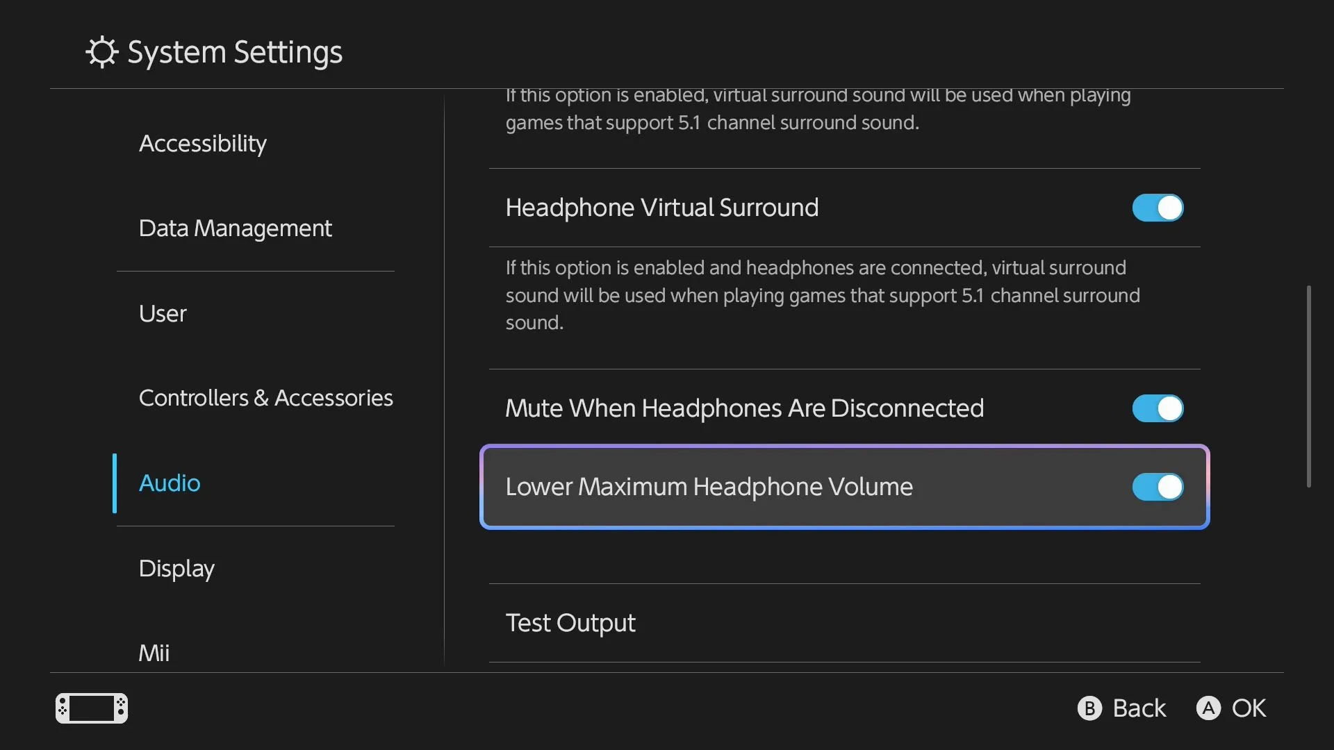 Tùy chọn tắt giới hạn âm lượng tai nghe trong cài đặt âm thanh của Nintendo Switch 2