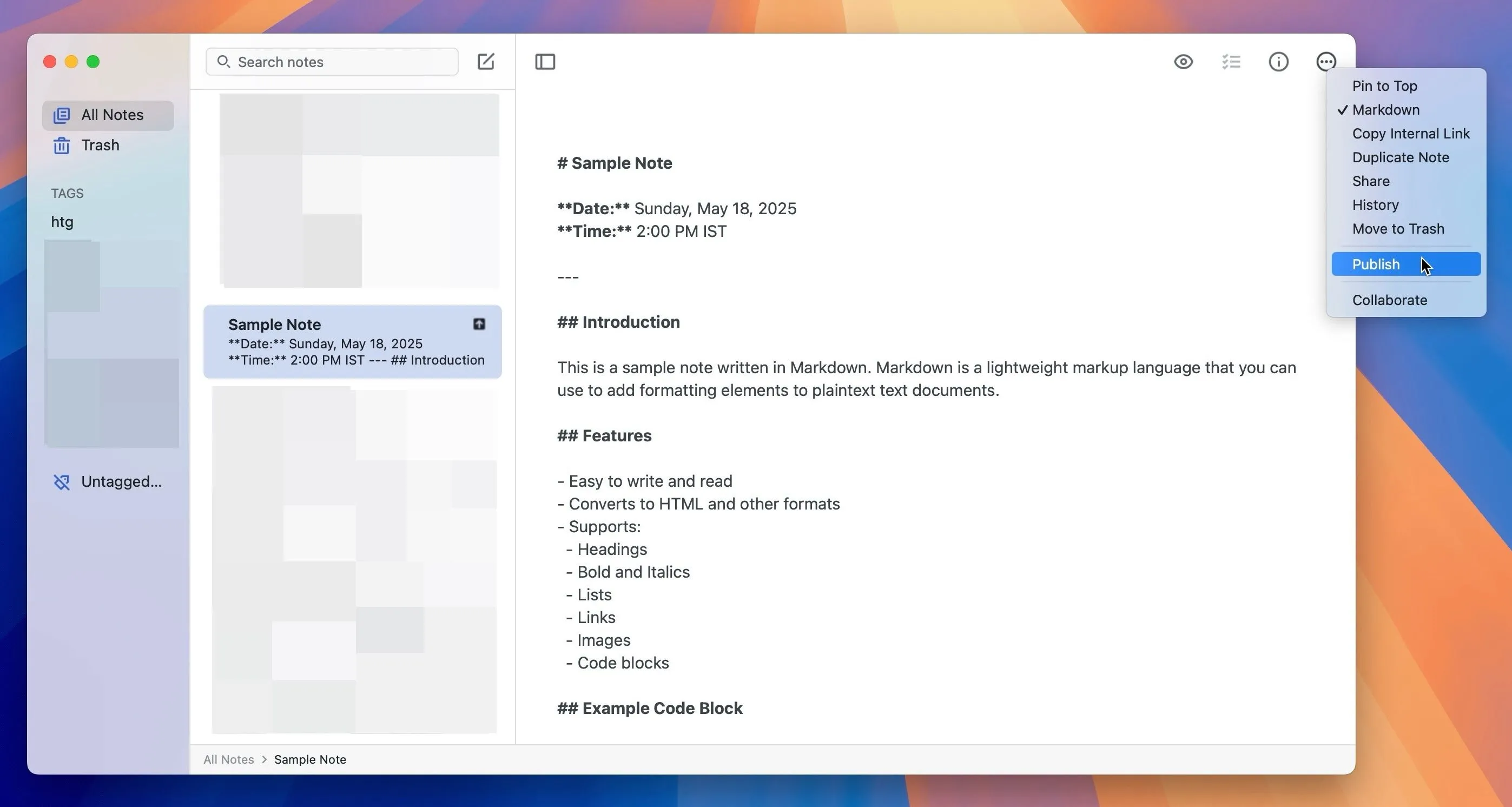 Tùy chọn xuất bản ghi chú lên web trong menu của Simplenote, giúp chia sẻ nội dung nhanh chóng.