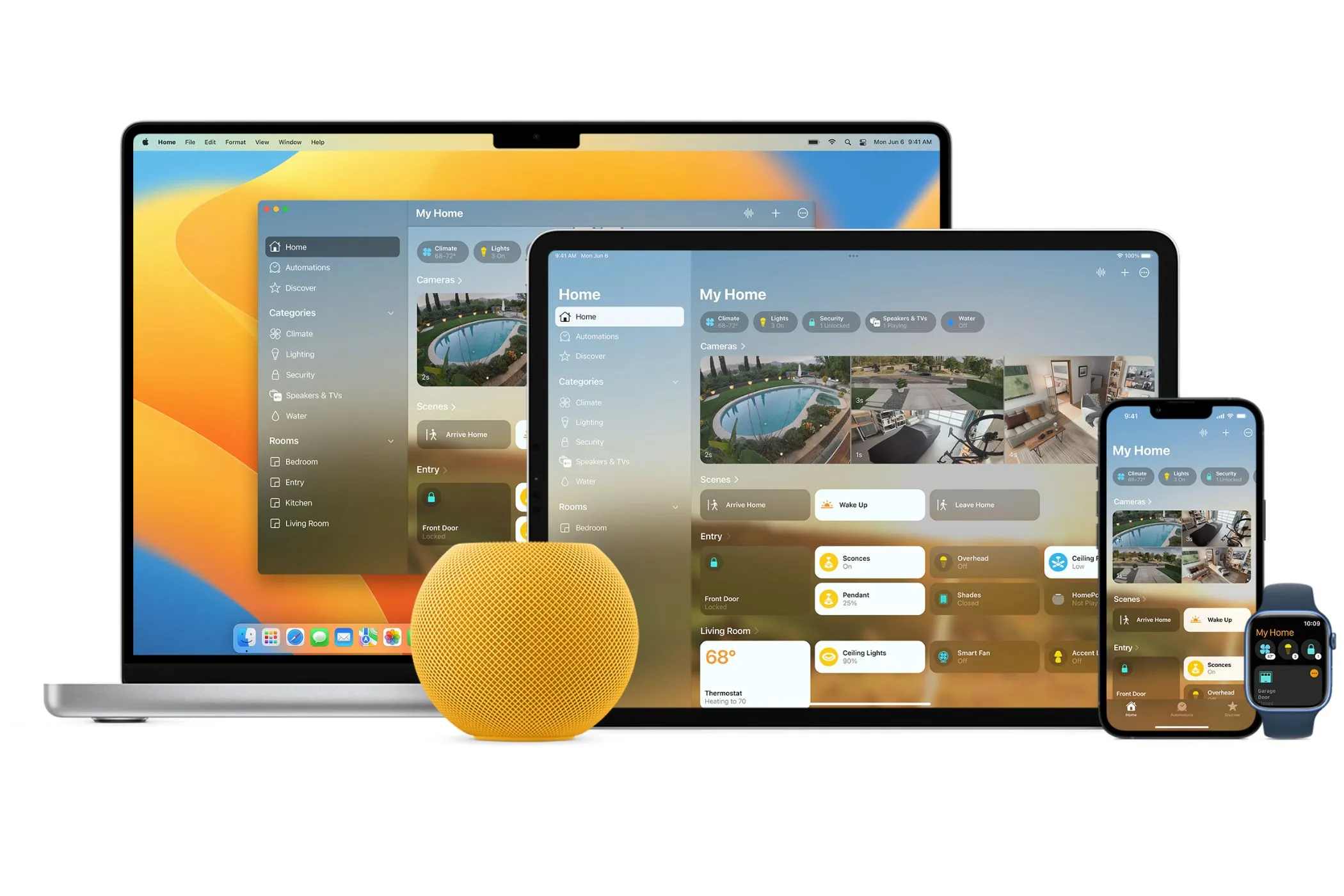 Ứng dụng Apple Home hiển thị trên nhiều thiết bị Apple khác nhau, minh họa hệ sinh thái nhà thông minh của Apple.