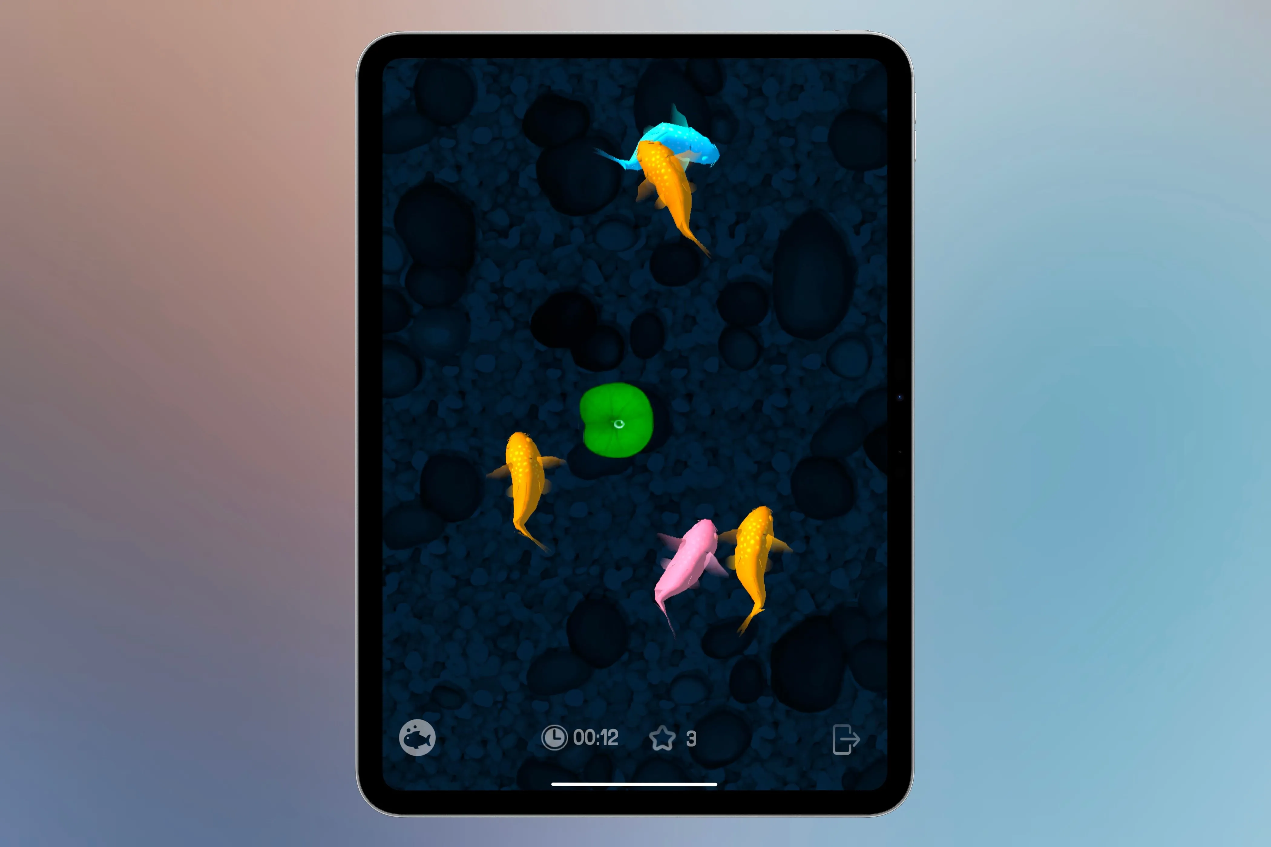 Ứng dụng Cat Fishing 2 với các con cá số đang bơi lội trên màn hình iPad, sẵn sàng cho mèo săn bắt.