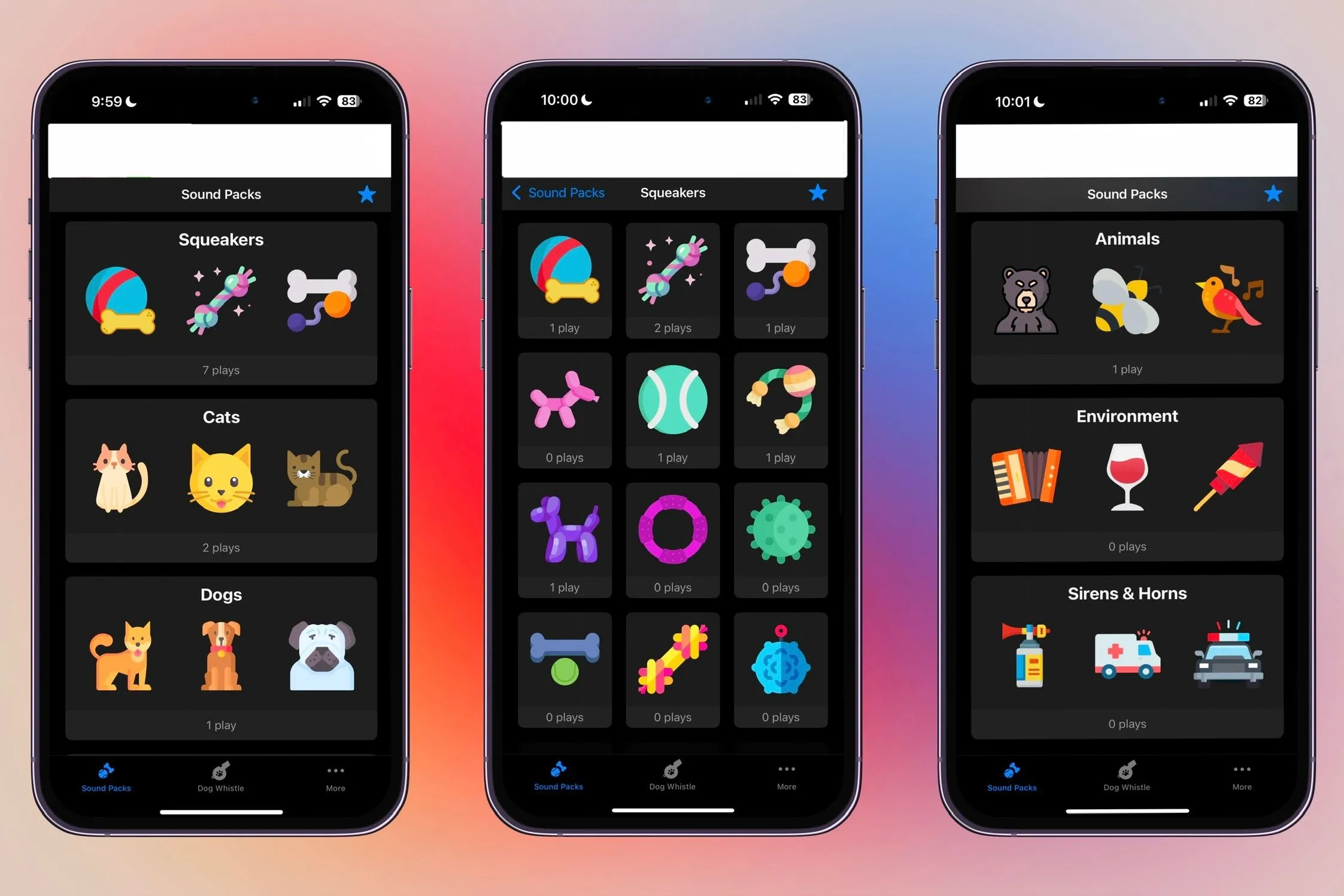 Ứng dụng Dog Teaser hiển thị các tùy chọn âm thanh đa dạng trên nhiều màn hình iPhone khác nhau.