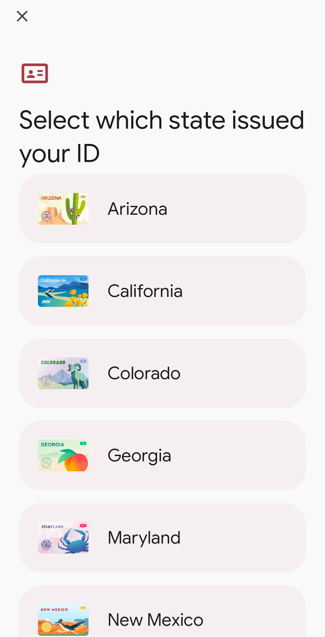 Ứng dụng Google Wallet mở màn hình thêm ID, hiển thị lựa chọn tiểu bang phát hành ID tại Mỹ