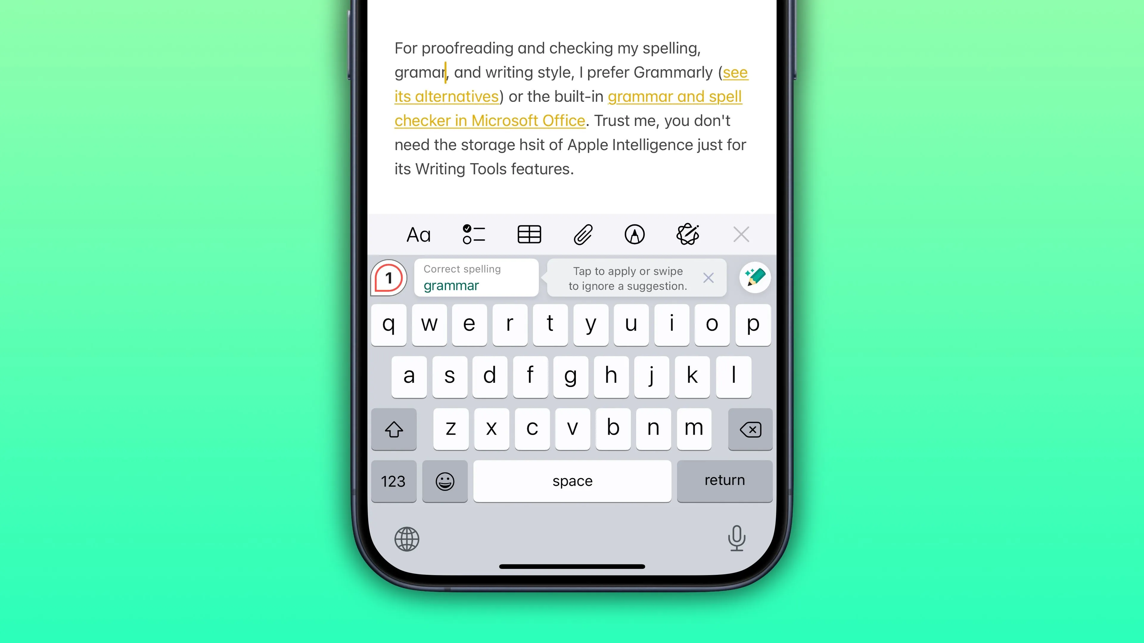 Ứng dụng Grammarly trên iPhone kiểm tra ngữ pháp và chính tả văn bản.