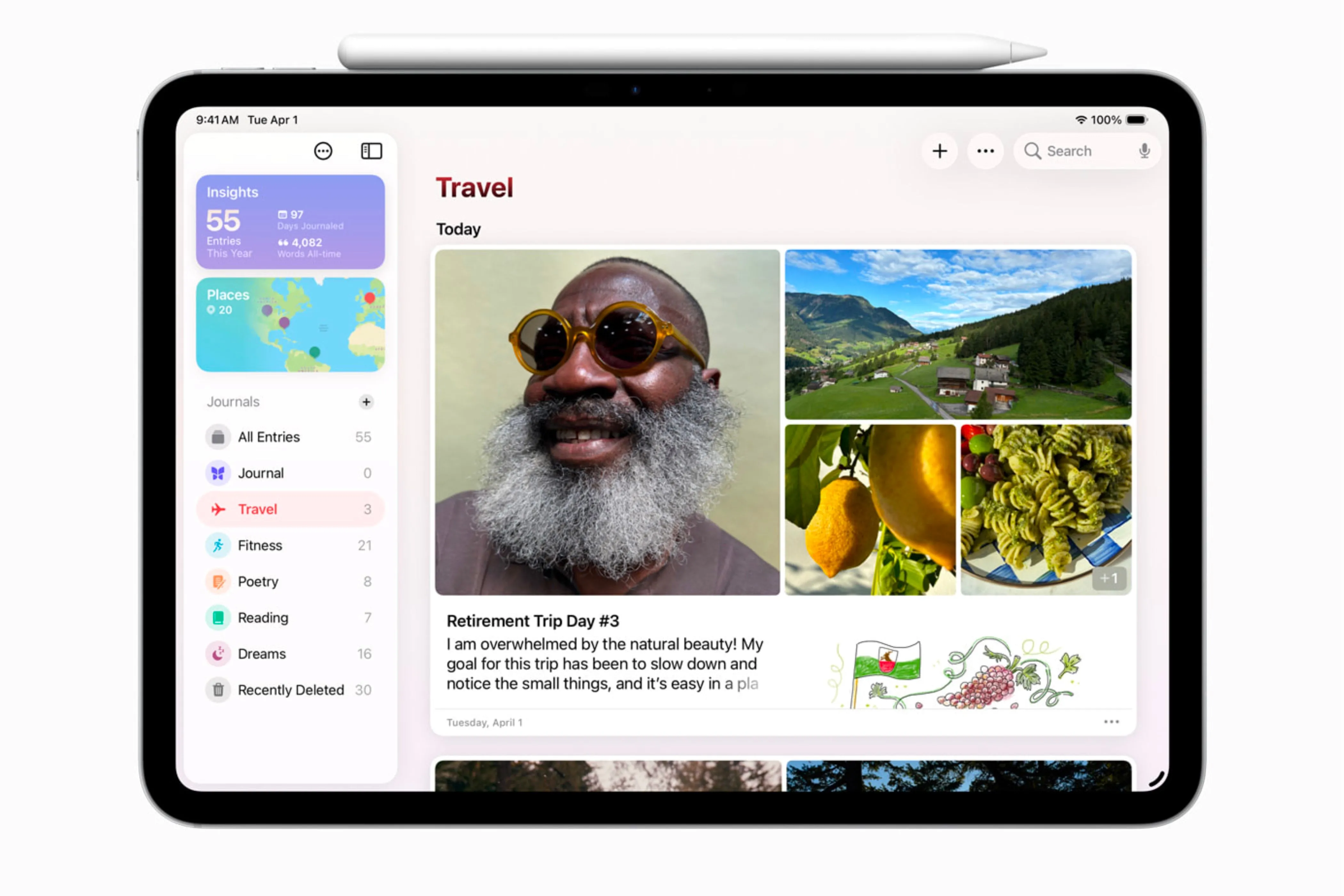 Ứng dụng Journal của Apple hiển thị trên iPad chạy iPadOS 26