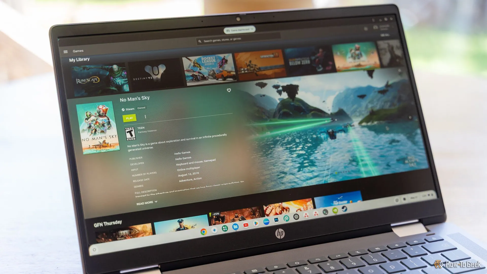 Ứng dụng NVIDIA GeForce NOW đang mở trên HP Chromebook Plus, hiển thị game No Man's Sky.