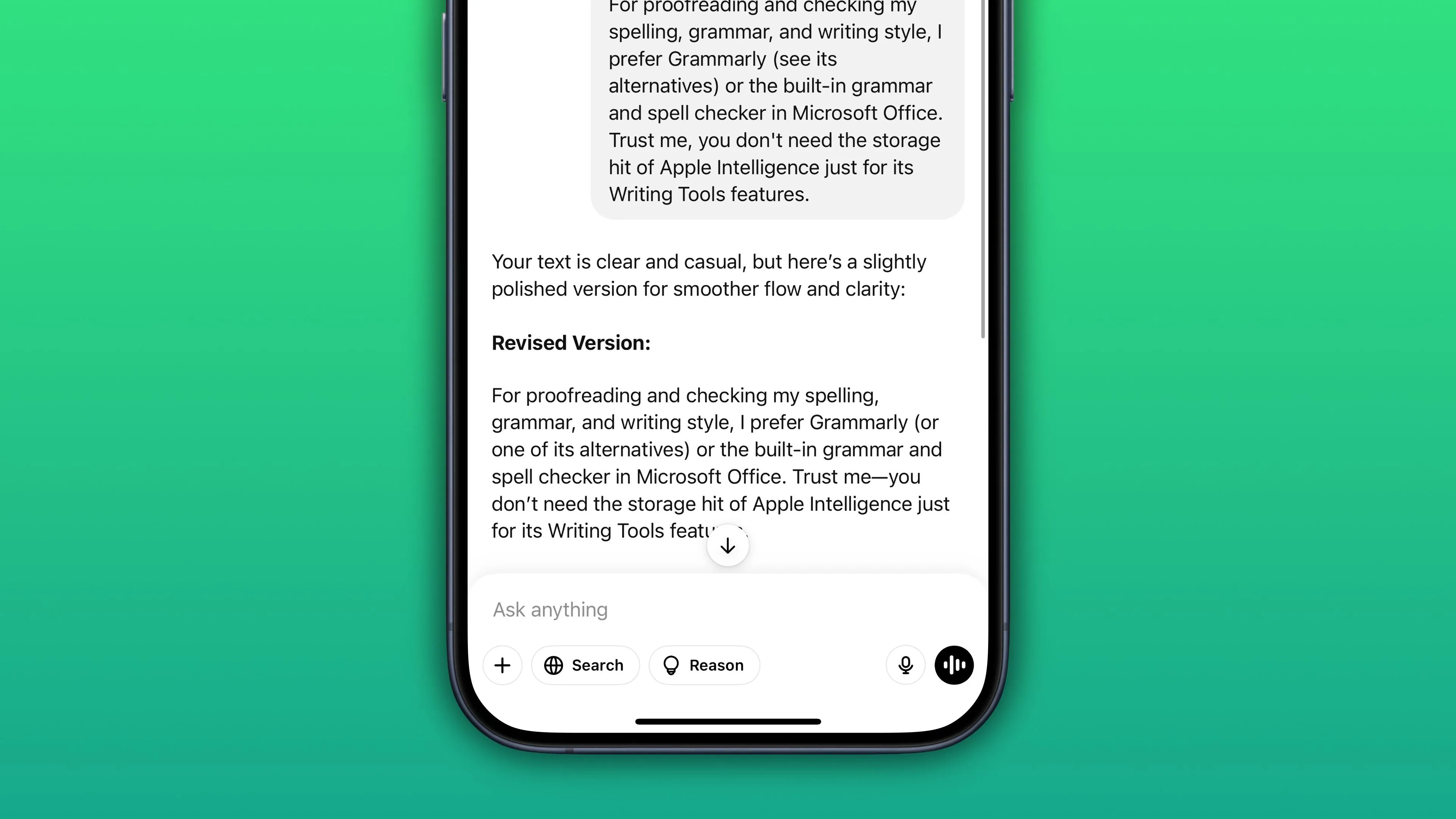 Ứng dụng OpenAI ChatGPT trên iPhone với chức năng kiểm tra ngữ pháp và chính tả.