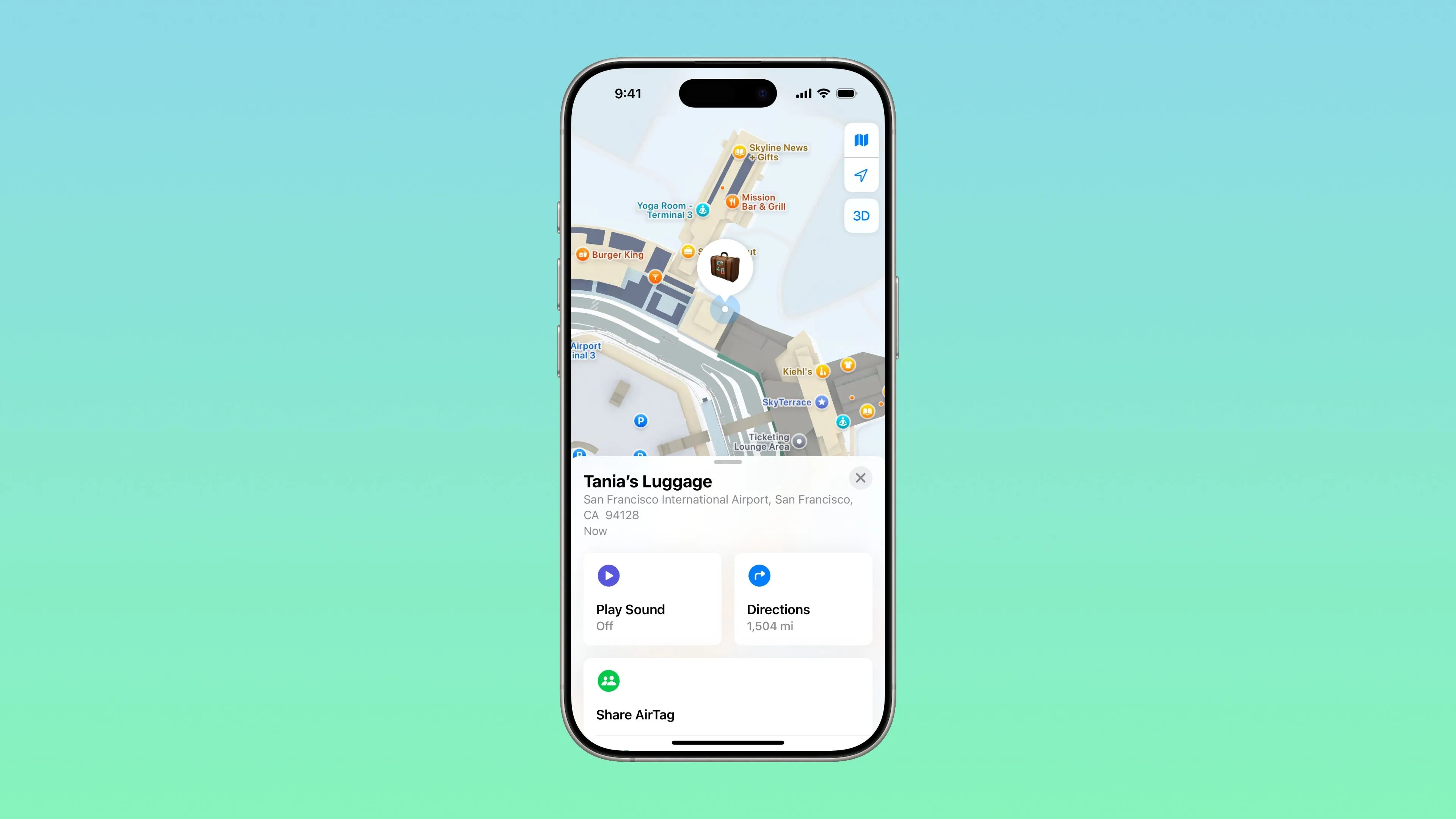 Ứng dụng Tìm trên iPhone hiển thị vị trí hành lý bị thất lạc, minh họa khả năng theo dõi thiết bị hiệu quả của Family Sharing.