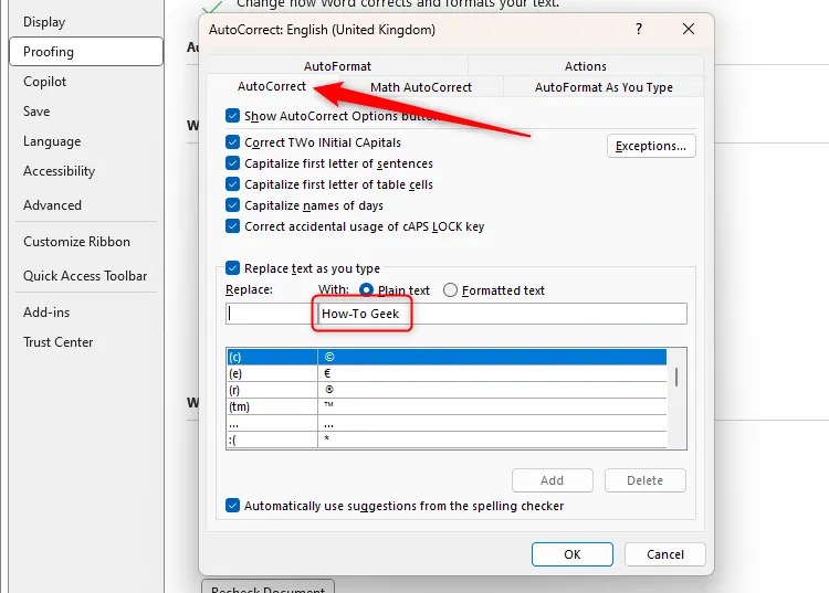 Văn bản 'How-To Geek' đã được dán vào trường With trong hộp thoại AutoCorrect của Word.