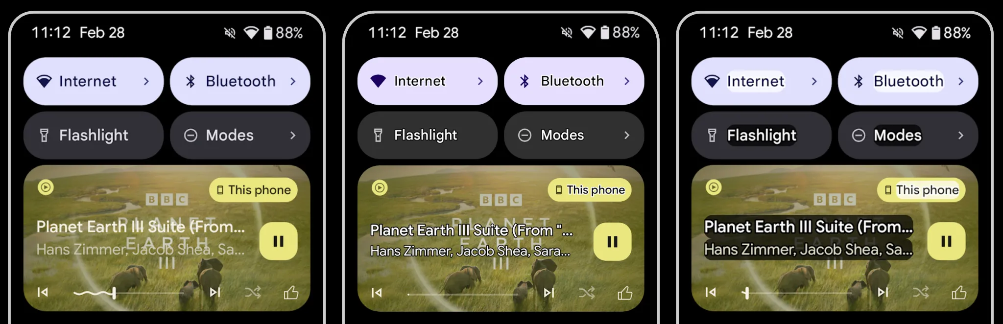 Văn bản phác thảo mới (Outline Text) trong Android 16 Beta 3 so với văn bản không tương phản và văn bản tương phản cao trước đây, minh họa cải thiện khả năng đọc.