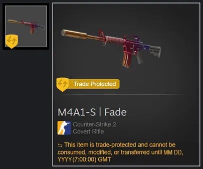 Vật phẩm M4A1-S Fade trong Counter-Strike 2 hiển thị huy hiệu "Trade Protected" trong 7 ngày trên Steam