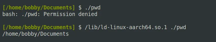 Ví dụ chạy một chương trình nhị phân trên dòng lệnh Linux dù nó thiếu quyền thực thi, bằng cách gọi trực tiếp qua trình tải động.