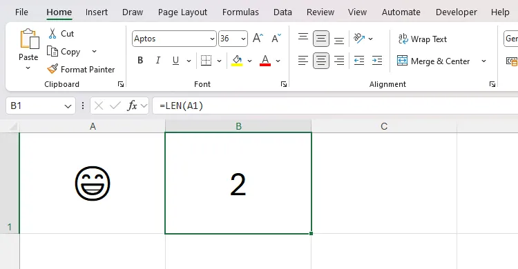 Ví dụ hàm LEN trong Excel đếm ký tự emoji là hai ký tự trước khi có bản cập nhật Compatibility Version 2.