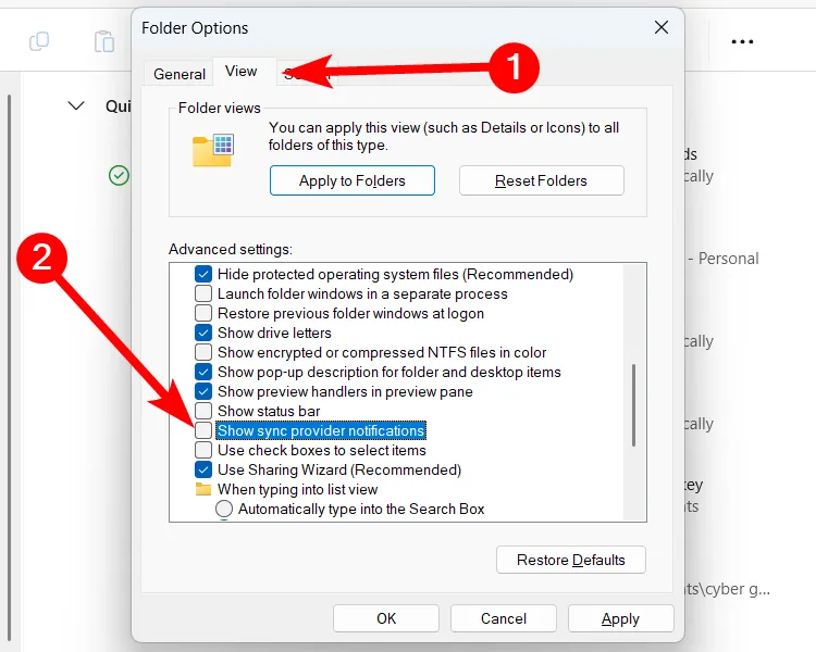 Vô hiệu hóa thông báo nhà cung cấp đồng bộ trong tùy chọn xem của File Explorer trên Windows 11