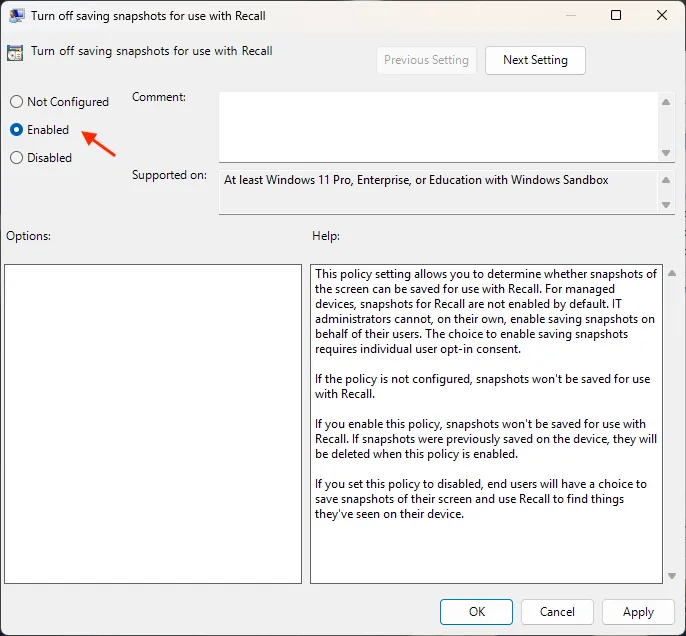 Vô hiệu hóa Windows Recall bằng cách kích hoạt cài đặt &quot;Turn off saving snapshots for use with Recall&quot; trong Group Policy