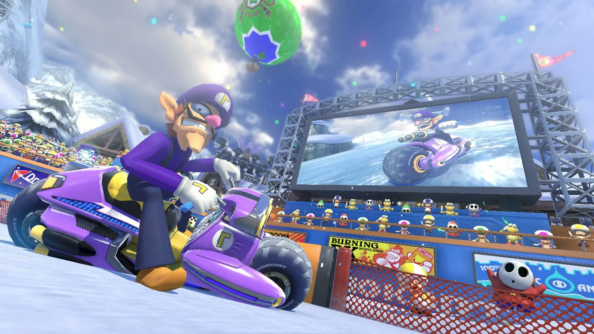 Waluigi vừa hoàn thành một cuộc đua đầy kịch tính trên đỉnh núi Wario (Mount Wario) trong Mario Kart 8 Deluxe.