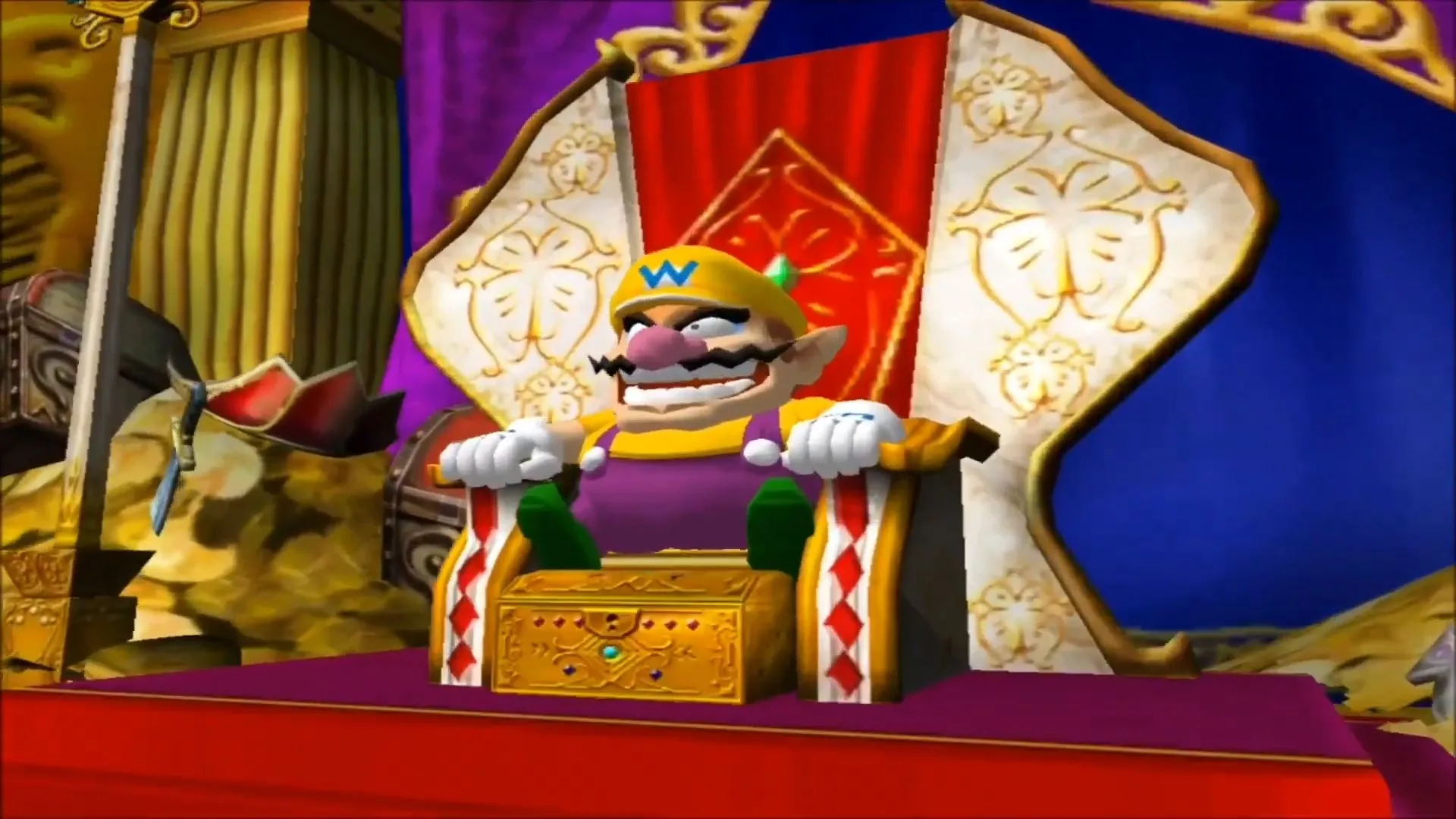 Wario ngồi trên ngai vàng trong Wario World, thể hiện tính cách tham lam và hài hước.