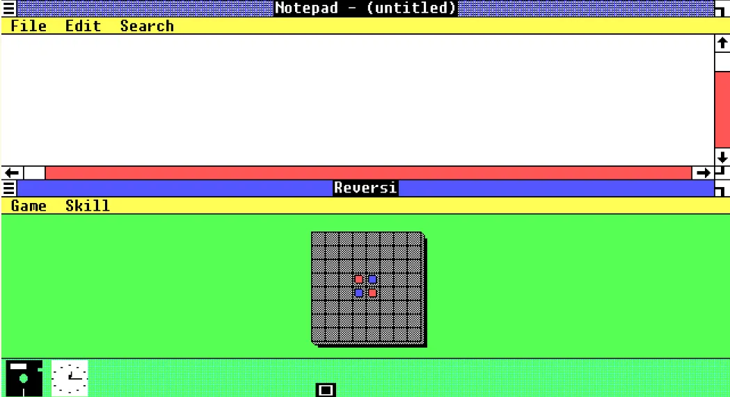 Windows 1.0 với ứng dụng Notepad và Reversi xếp cạnh nhau
