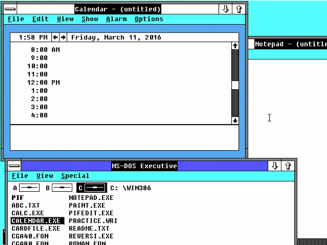 Windows 2.0 với nhiều ứng dụng đang mở đồng thời