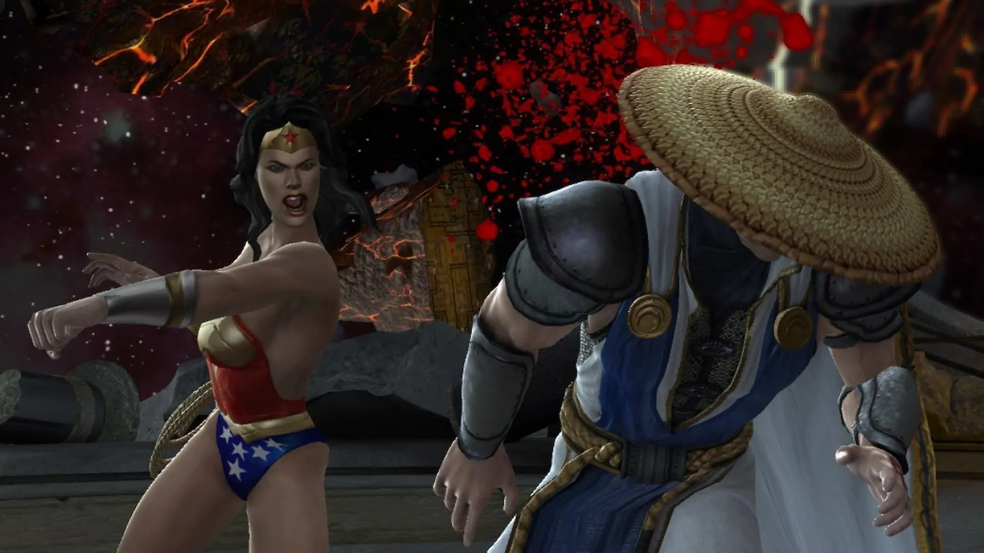 Wonder Woman từ DC Comics tung cú đấm vào Raiden từ Mortal Kombat trong game Mortal Kombat Vs. DC Universe.