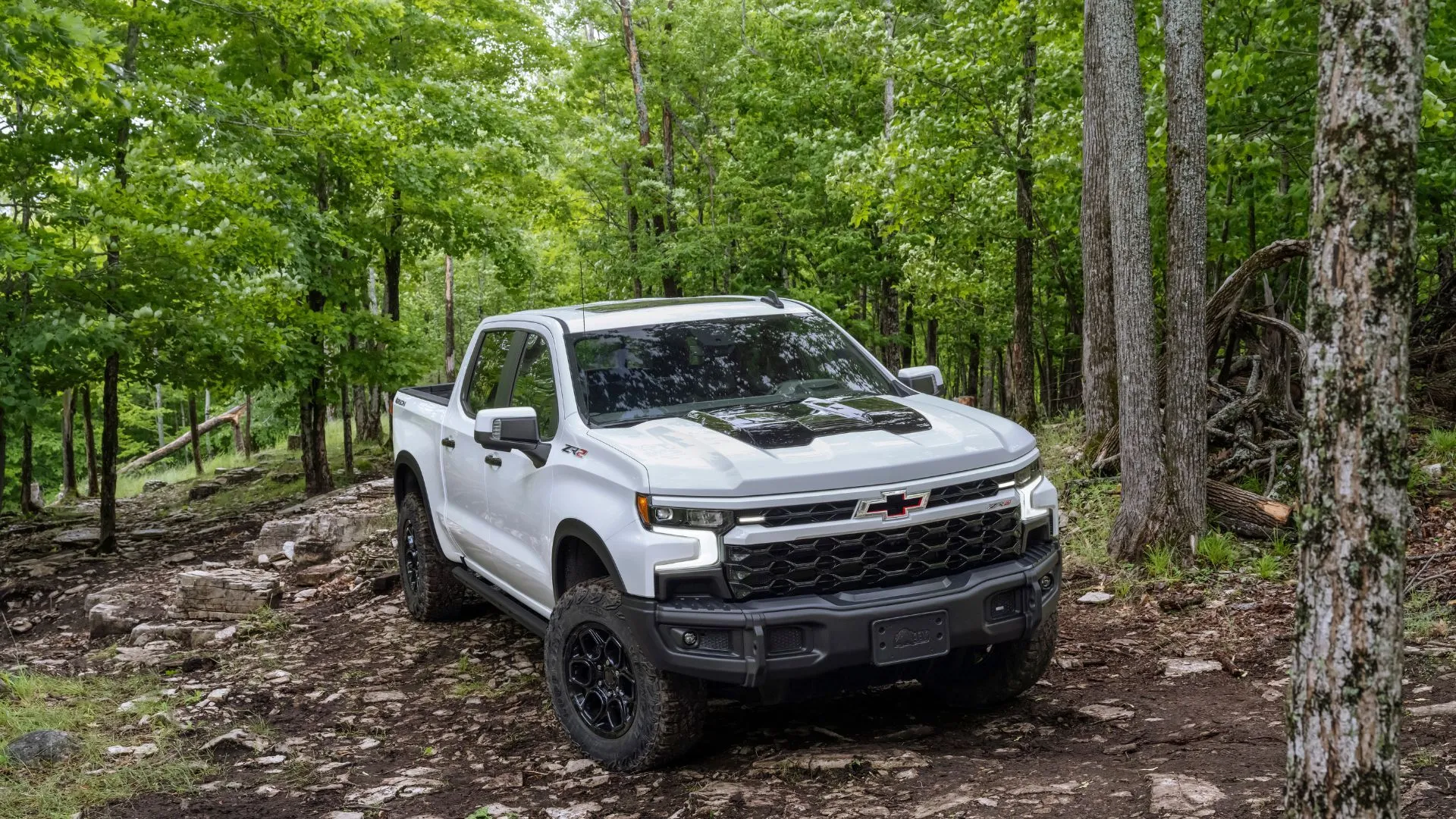 Xe bán tải Chevrolet Silverado ZR2 Bison 2024 màu trắng đang off-road, một trong những mẫu xe sử dụng động cơ V8 6.2L bị ảnh hưởng bởi vụ kiện GM về lỗi tốn xăng.