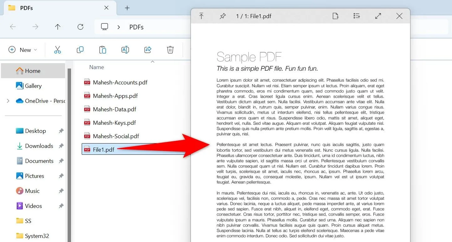 Xem trước tệp PDF bằng ứng dụng QuickLook trên Windows 11.